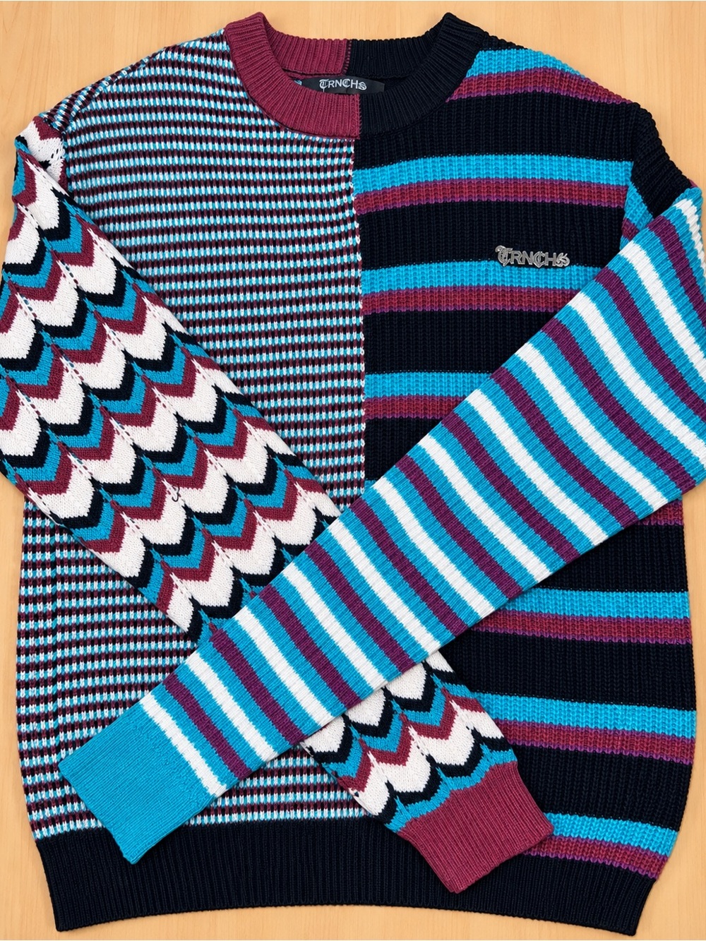 TRNCHS Mixed Pattern Knit Crewneck Sweater Teal Burgundy Black Streetwear